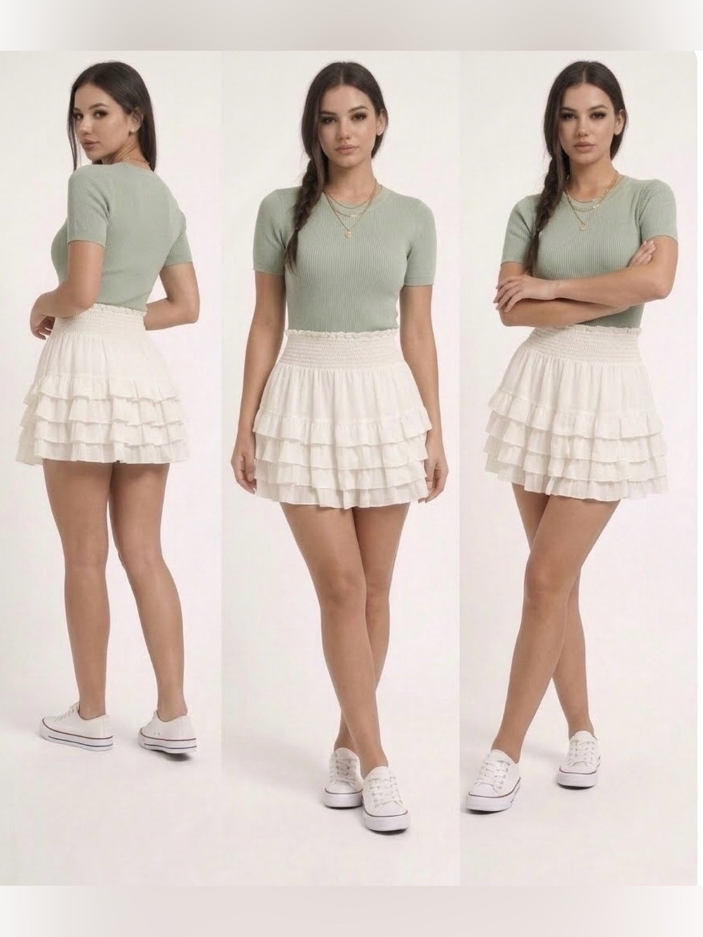 Women’s Smocked Tiered Ruffle Mini Skirt in White Size M